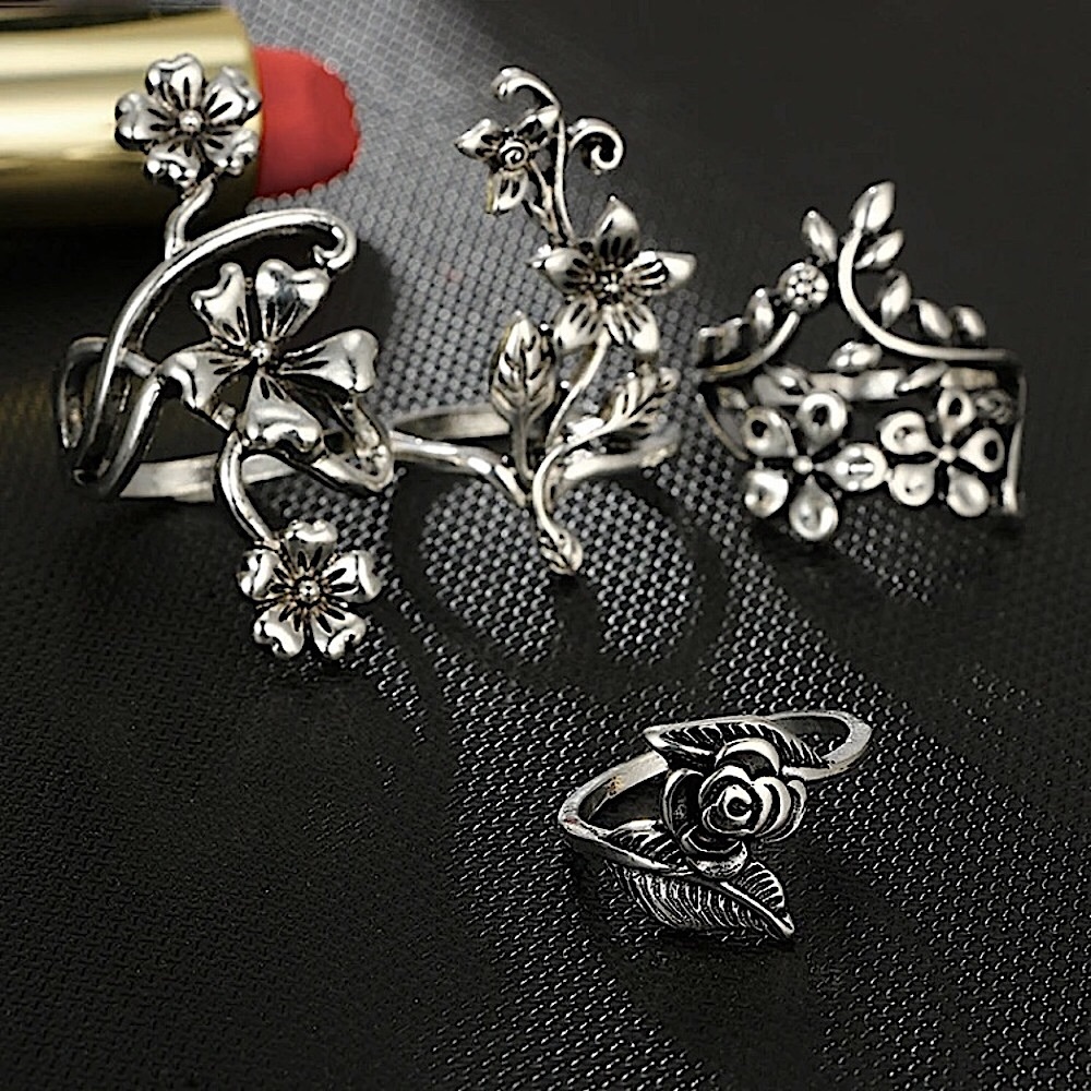 Silver flower vine knuckle ring set πΊ - Picture 7 of 11